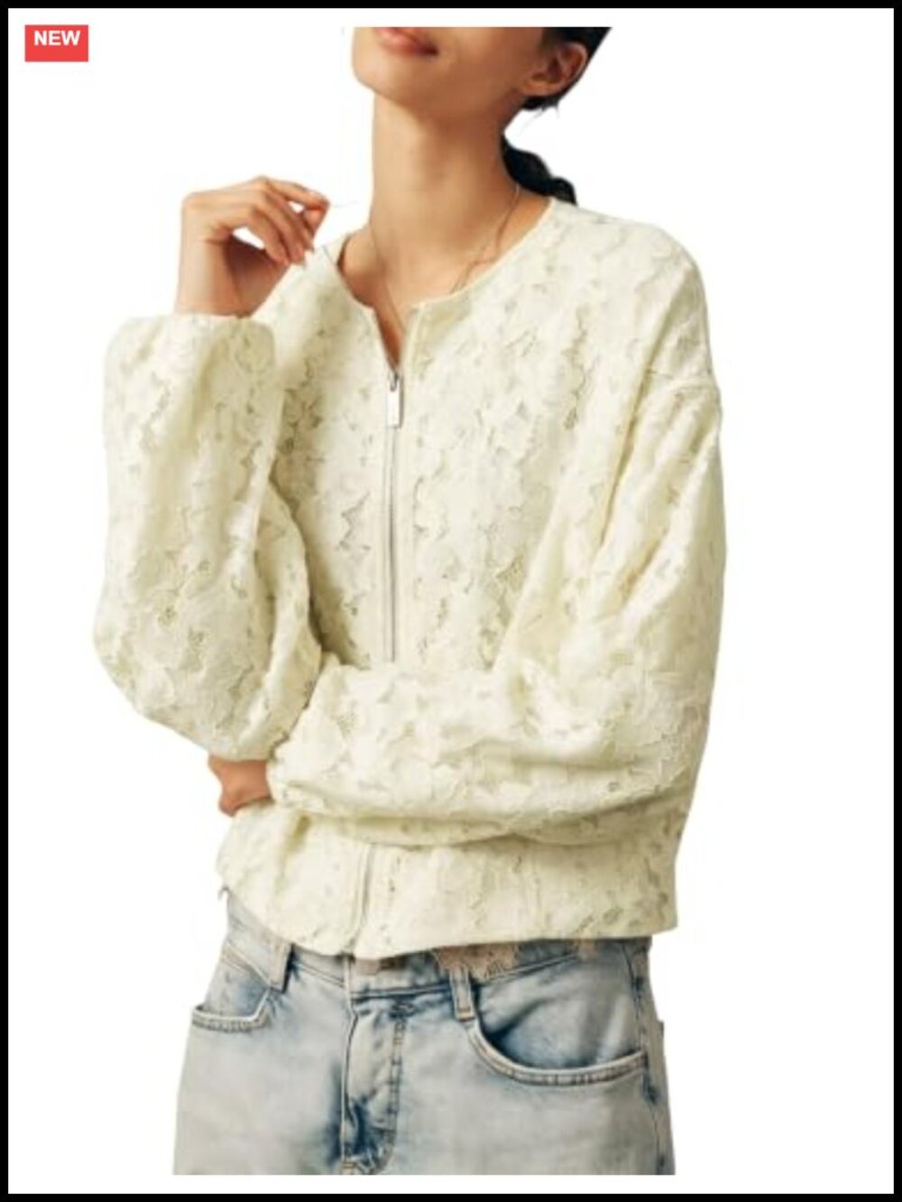 Womens Floral Lace Crop Jacket Long Sleeve Zip Up Bomber Coat Lightweight